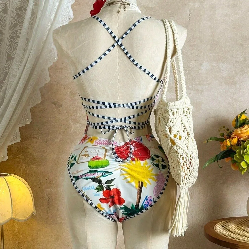 Multicolor Casual Women's Tropical Floral Print Stripe One piece Swimsuit